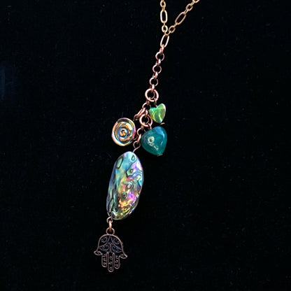 Copper, Abalone shell, Green Onyx gemstone and Hematite Hamsa necklace