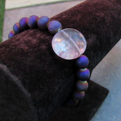 Purple Druzy Agates and Amethyst Gemstone Stretch Bracelet