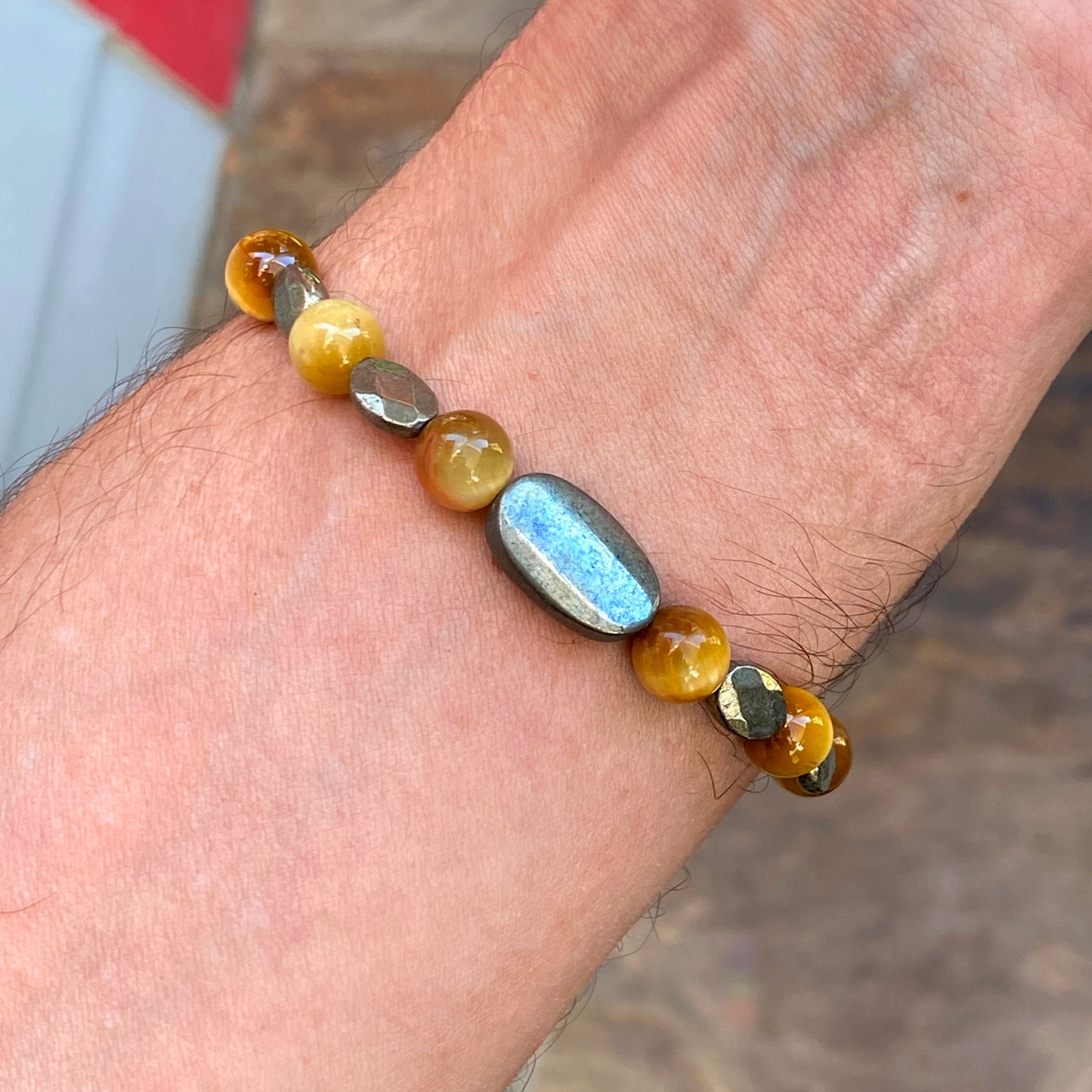 Tiger Eye gemstone and Pyrite skull beaded stretch bracelet