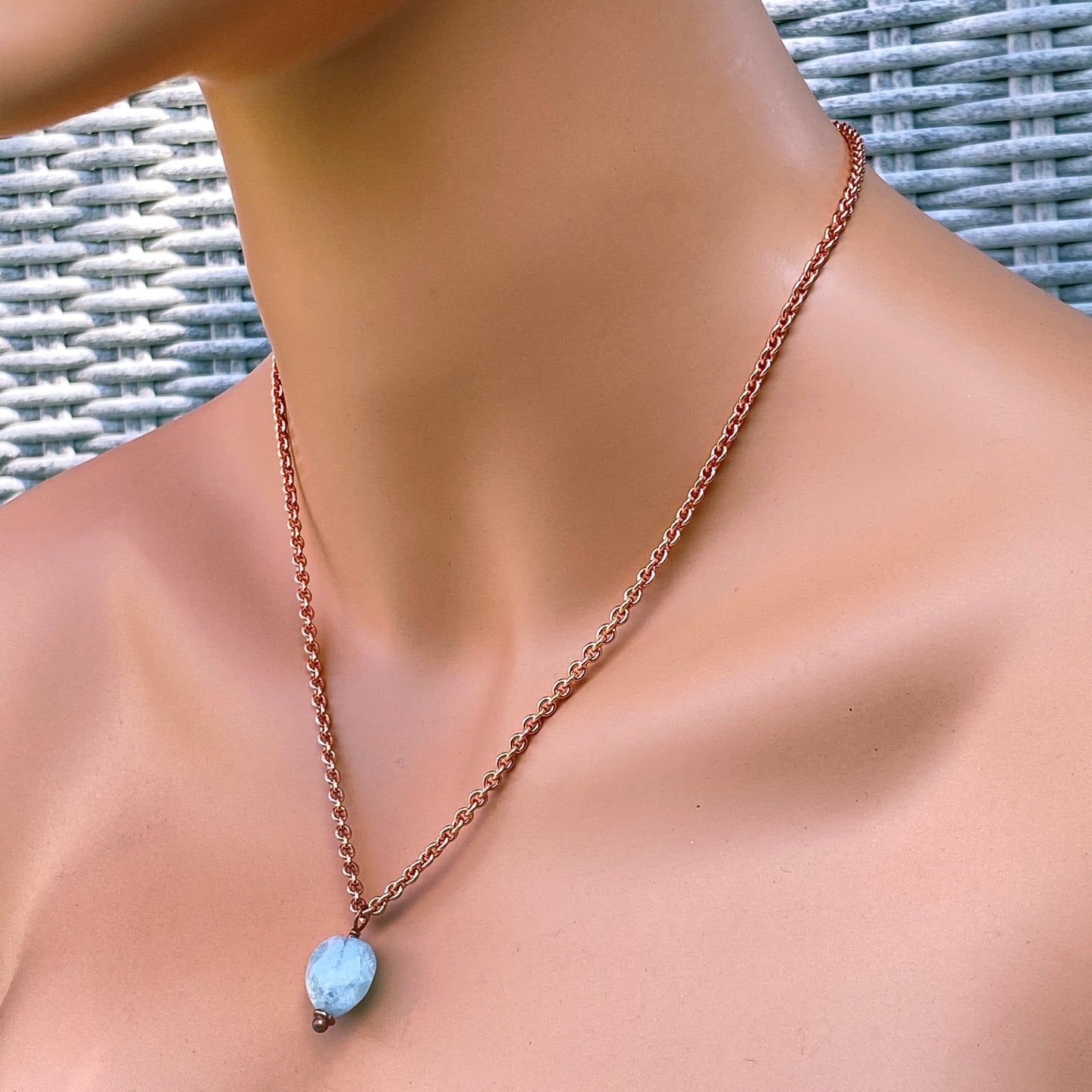 Aquamarine gemstone carved Heart on Copper Chain