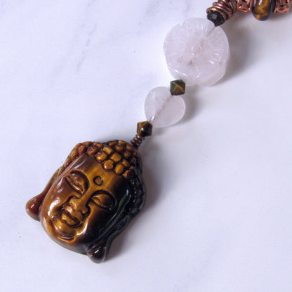 Tiger Eye Buddha Copper, Rose Quartz Flower, on Tan Braided Leather with Copper Clasp