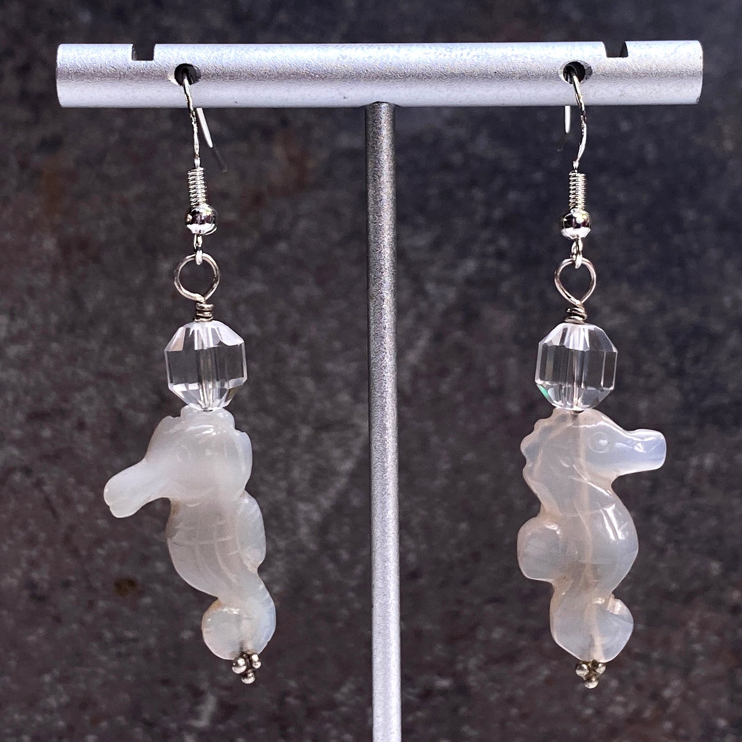 Grey Agate gemstone Seahorses, Clear Quartz, and Sterling Silver Drop Earrings