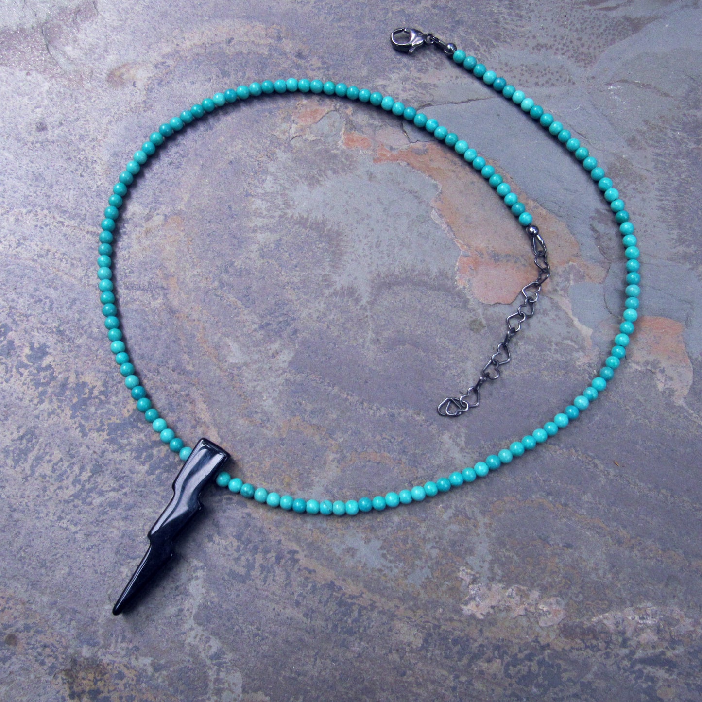 Black Agate Gemstone Lightning Bolt, Genuine Turquoise w/ Oxidized Sterling Silver