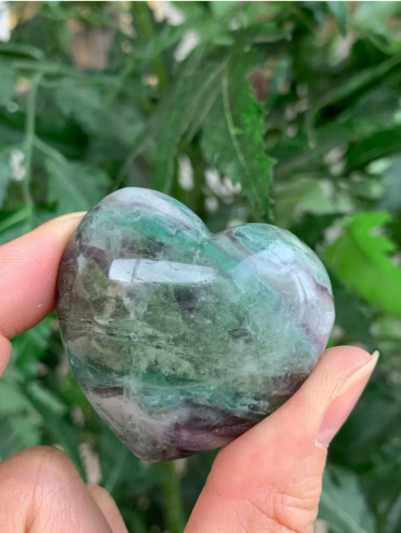 Large Rainbow Fluorite Heart, 1.75" Fluorite Puffy Heart, Fluorite Palm Stone