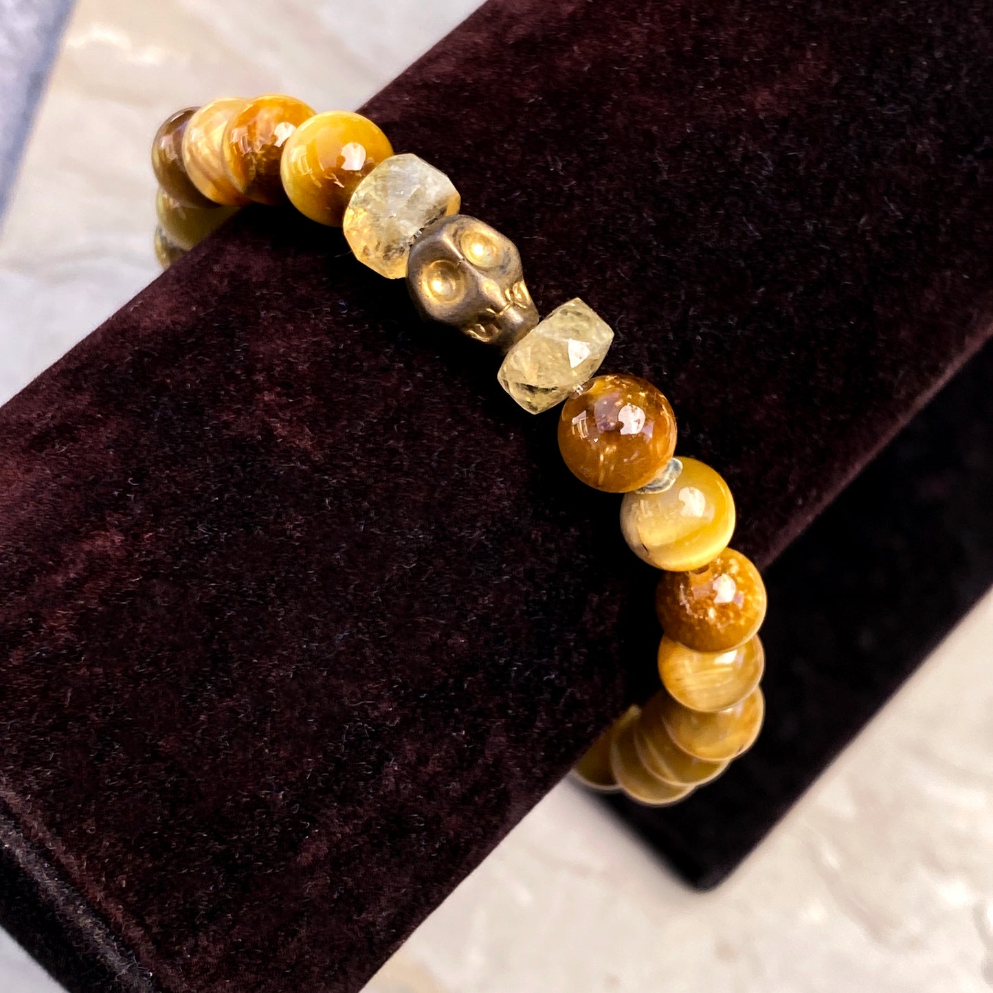 Men’s Tiger Eye, Citrine gemstone, and Hematite Skull Bracelet