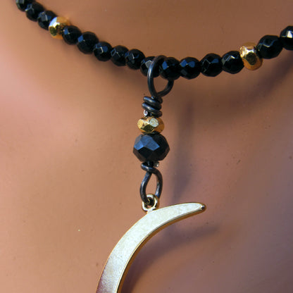 Black onyx, gold vermeil over sterling silver Moon and beads. Black non conflict diamond