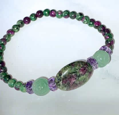 Ruby Zoisite, Green Aventurine, and Amethyst gemstone Stretch Bracelet