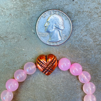 Pink agate and copper heart bracelet