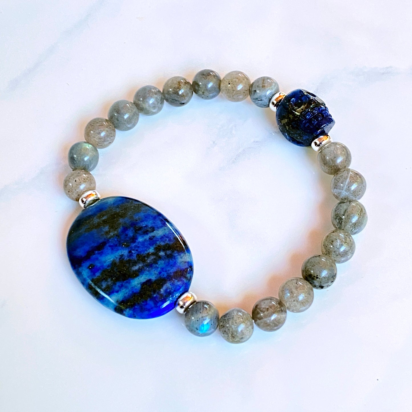 Lapis Lazuli gemstone Skull with Sterling Silver and Labradorite Bracelet