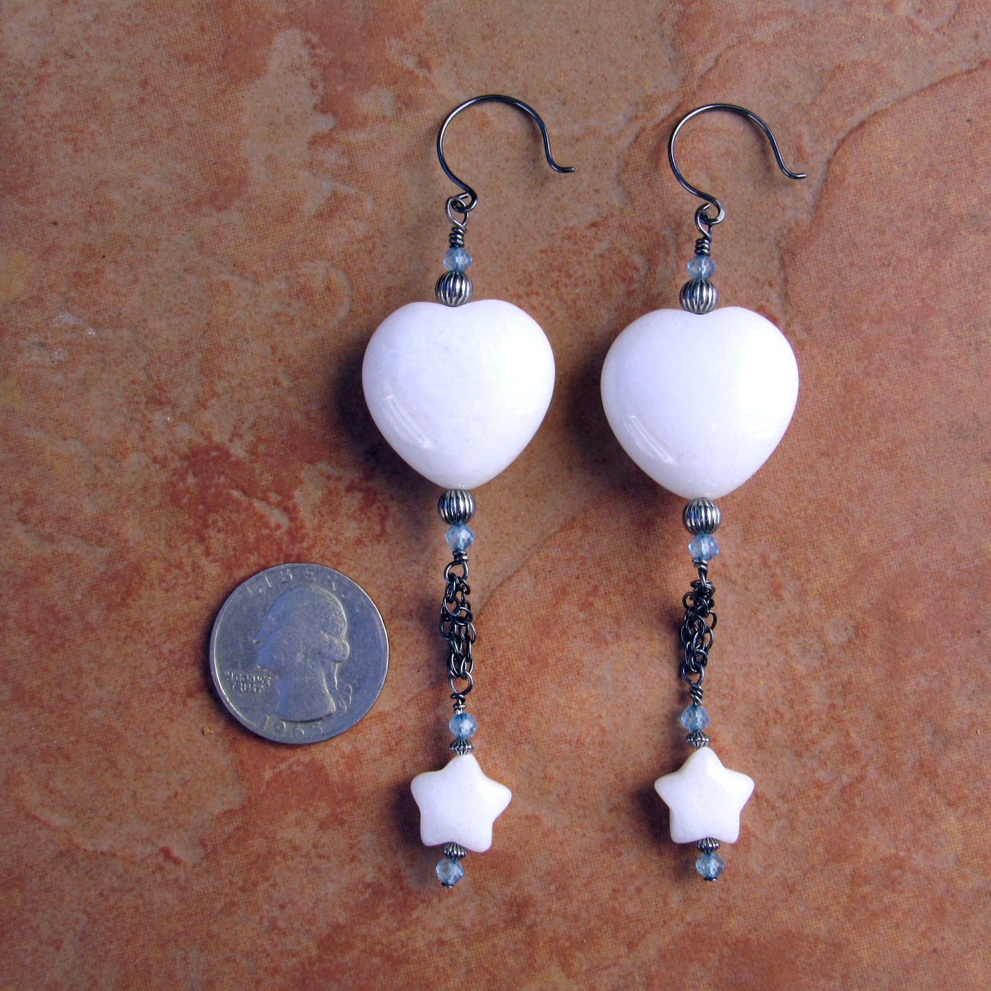 White Jade Gemstone Heart and Star, Blue Topaz, and Oxidized Sterling Silver Drop Earrings