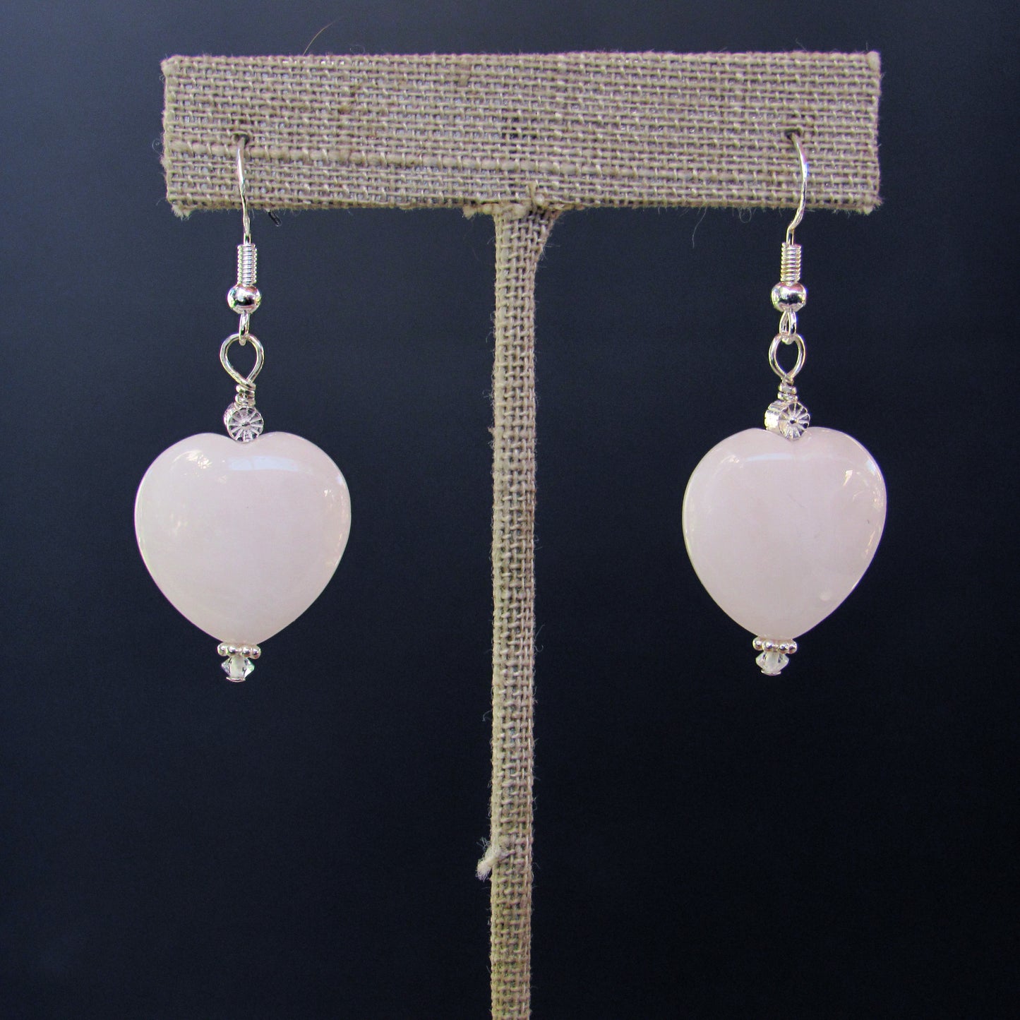 Rose Quartz Gemstone Hearts and Sterling Silver Drop Earrings