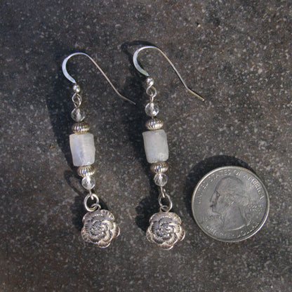 Moonstone and White Topaz gemstone Sterling silver flowers, drop earrings