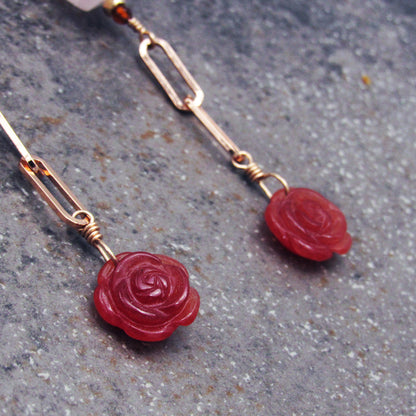 Rose Quartz Skulls, Lepidolite, Red Tourmaline, Red Agate Roses, 14 Kt Rose GF Drop Earrings