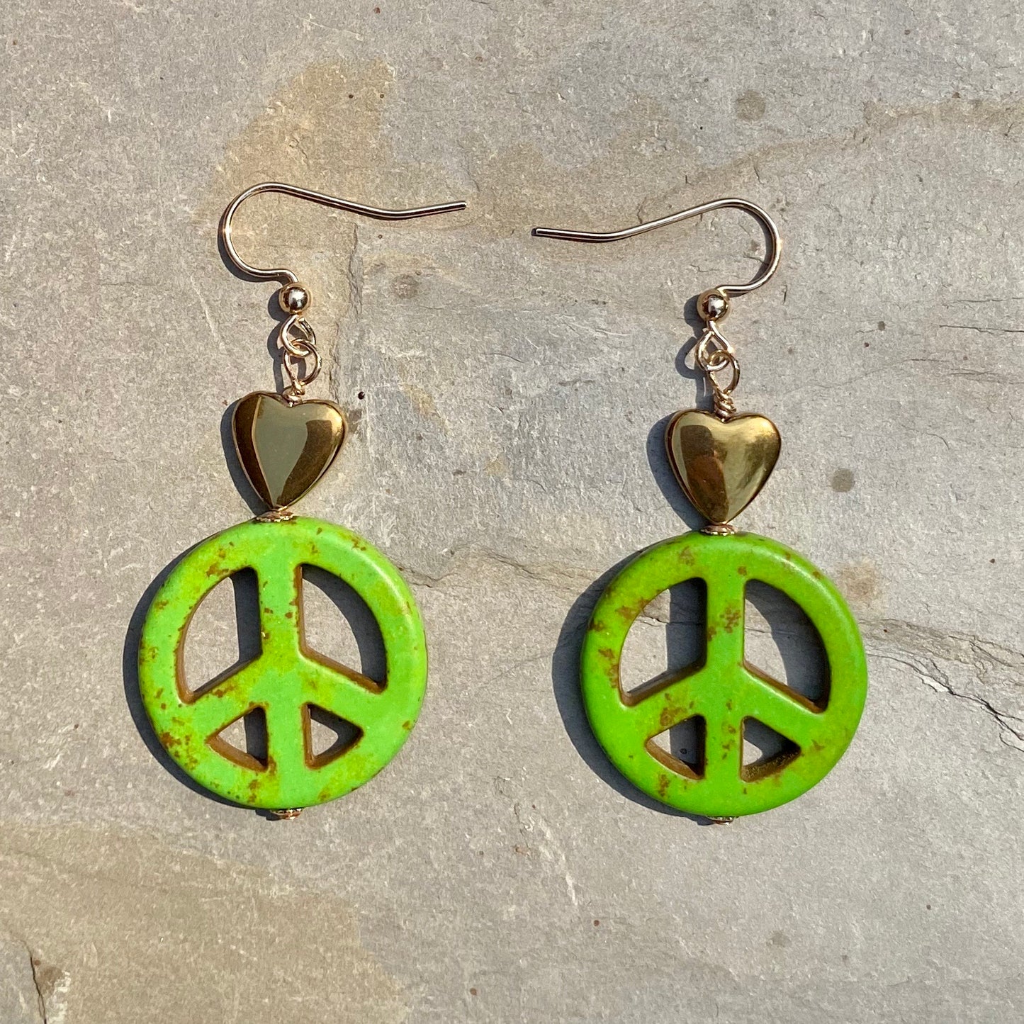 Howlite Peace Sign w/ Hematite Heart Drop Earrings in Choice of colors