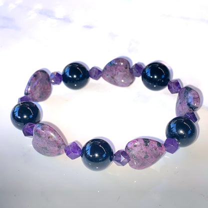 Ruby Zoisite, Amethyst gemstone, and Onyx Bracelet