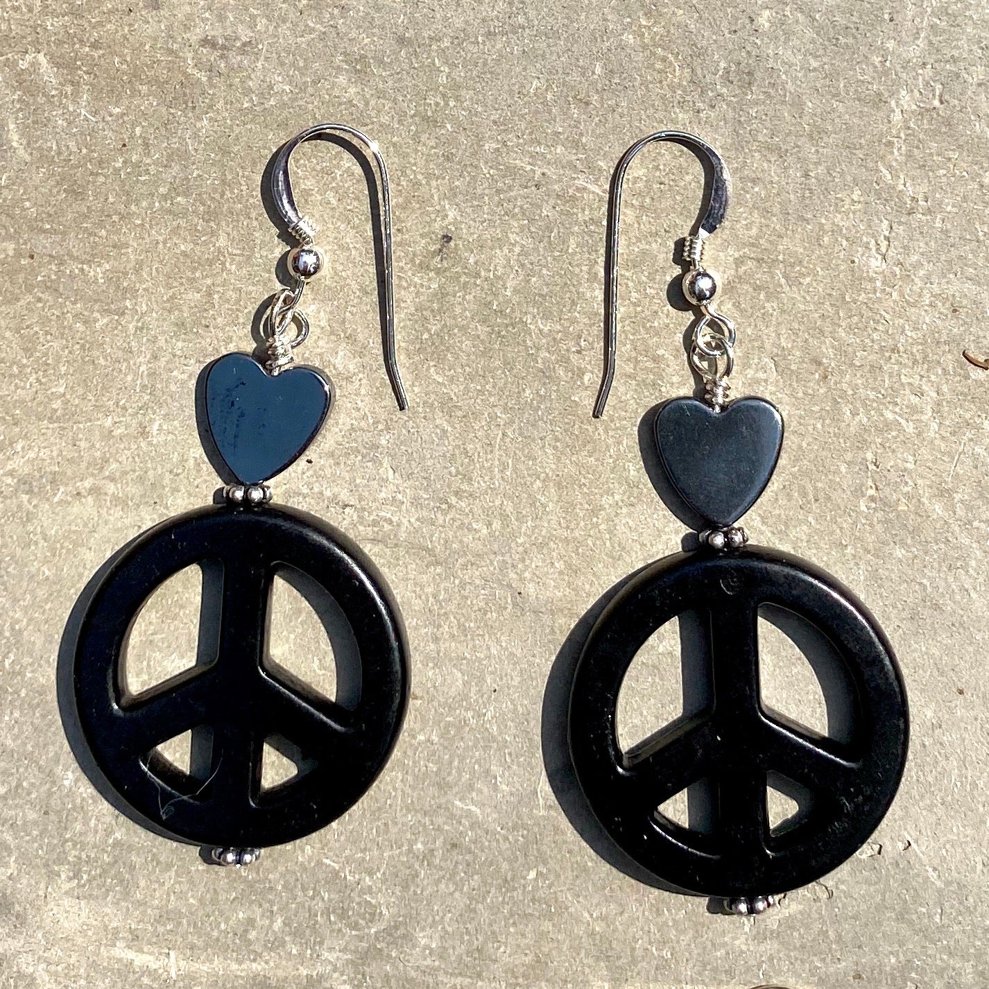 Howlite Peace Sign w/ Hematite Heart Drop Earrings in Choice of colors