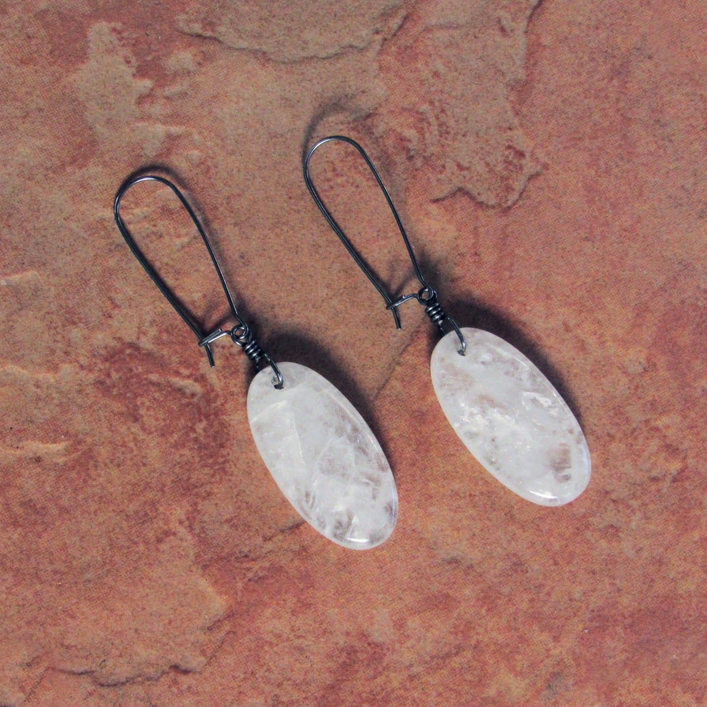 Light Rose Quartz and Hand Wrapped Oxidized Sterling Silver Drop Earrings