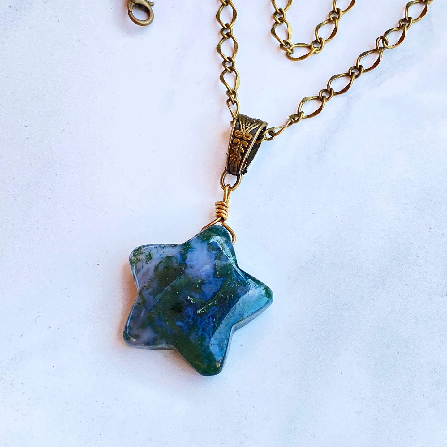 Moss Agate gemstone Star Pendant on Bronze chain