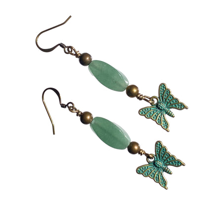 Brass and Green Aventurine gemstone with Butterflies Dangle Earrings