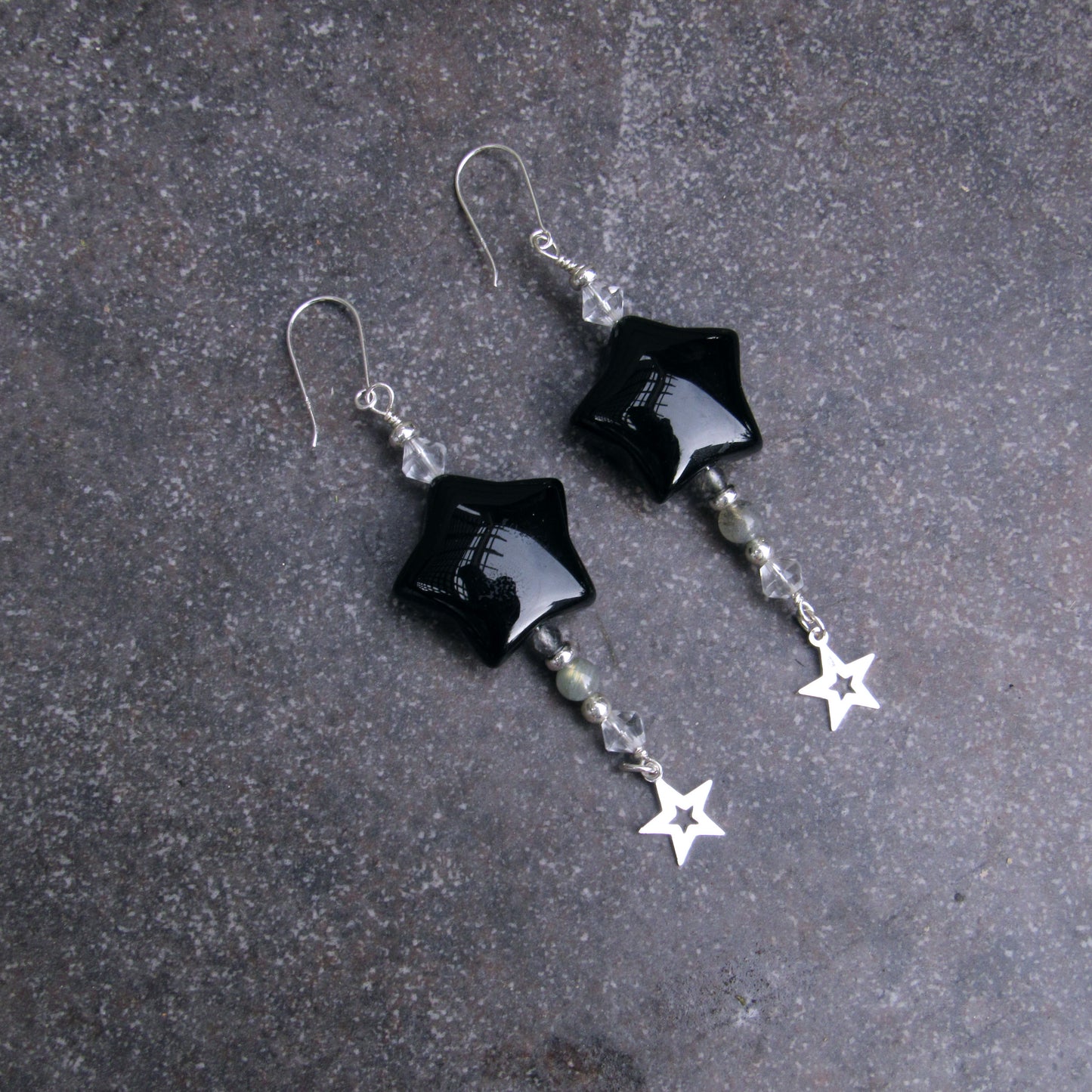 Black Agate Star, Labradorite, Clear Quartz gemstone, and Sterling Silver Drop Earrings