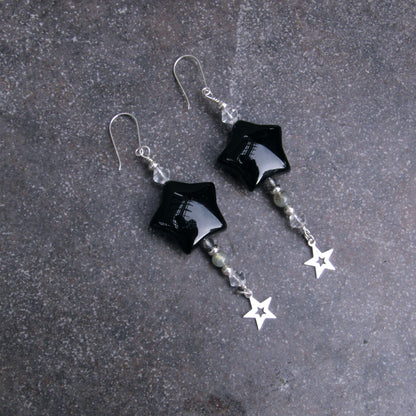 Black Agate Star, Labradorite, Clear Quartz gemstone, and Sterling Silver Drop Earrings