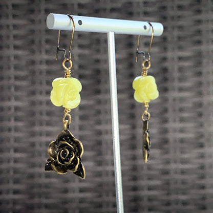 Lemon Jade gemstone and Brass Rose dangle Earrings