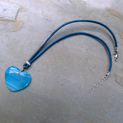 Blue Onyx Agate Gemstone on Leather with Sterling Silver Accents, Clasp and Chain