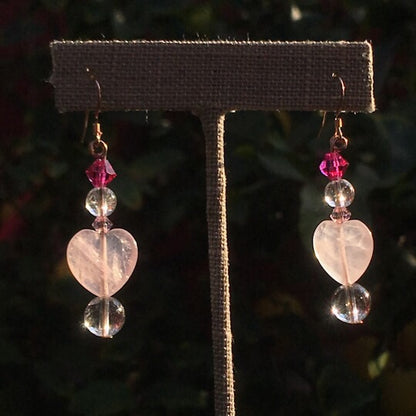 Rose quartz, Clear Quartz, and Swarovski crystal with rose gold filled drop earrings