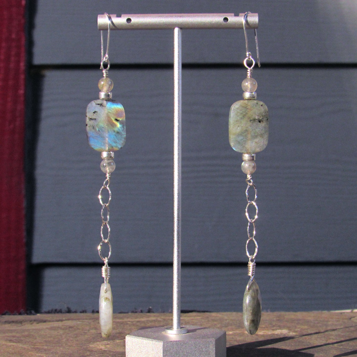 Labradorite Gemstone and Sterling Silver Long Drop earrings