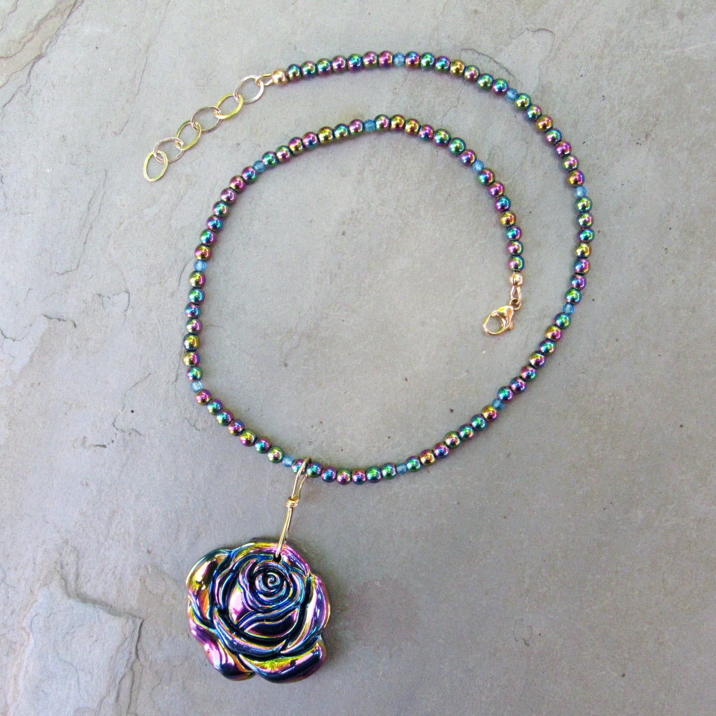 Rainbow Hematite Carved Rose wrapped with Gold Fill Wire on Hematite Gemstone Beaded Necklace