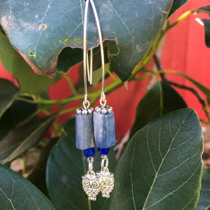 Sterling silver owl and kyanite and sapphire jade earrings