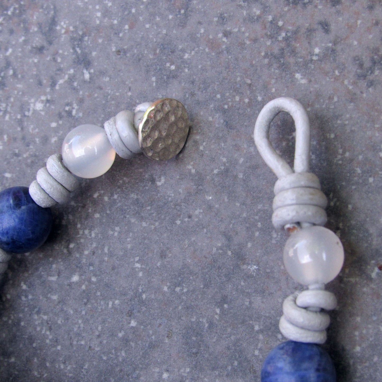 Flower Carved Agate, Sodalite gemstone, Clear Quartz, Leather Hand Knotted W/ Sterling Silver Button