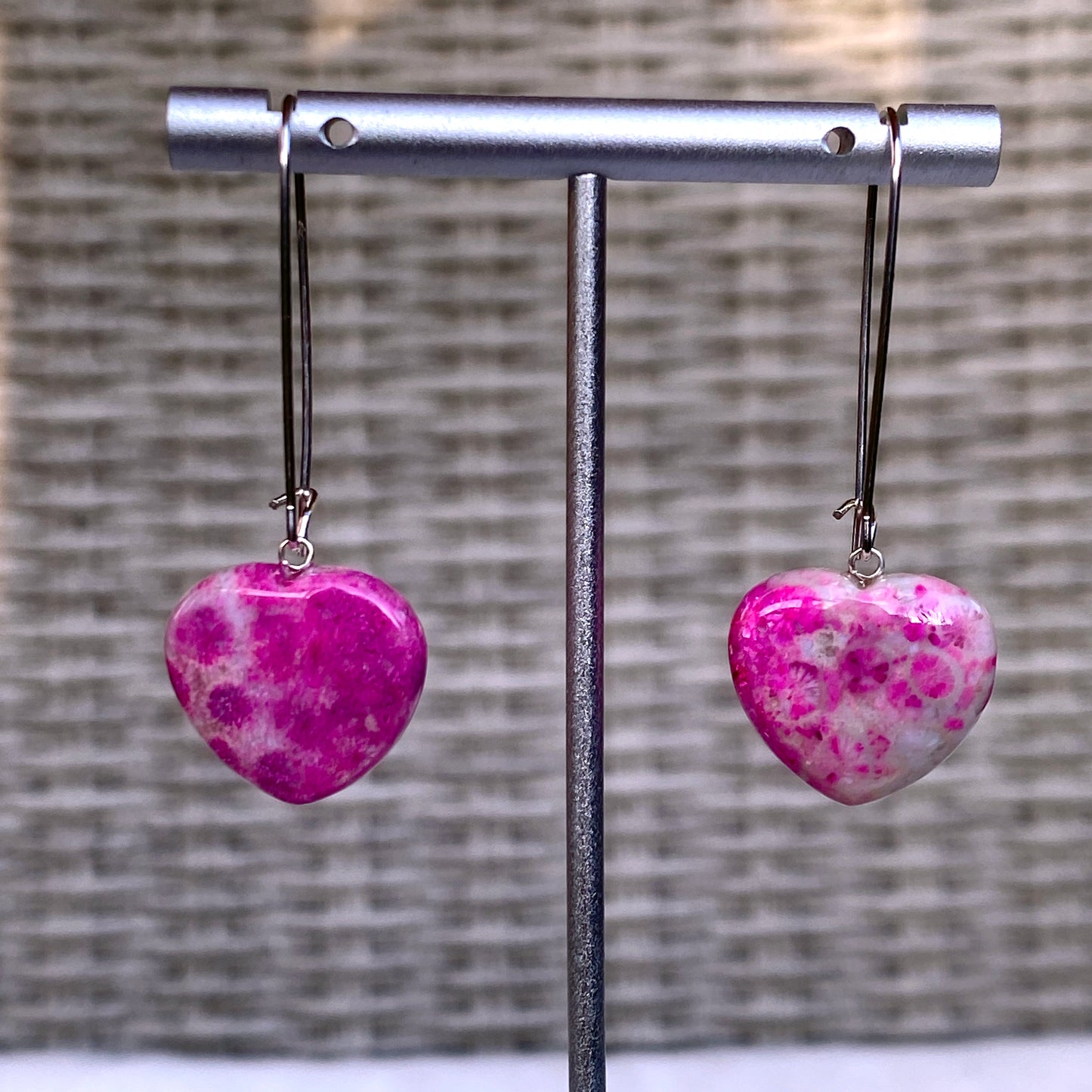 Pink Coral Fossil and sterling silver dangle drop earrings