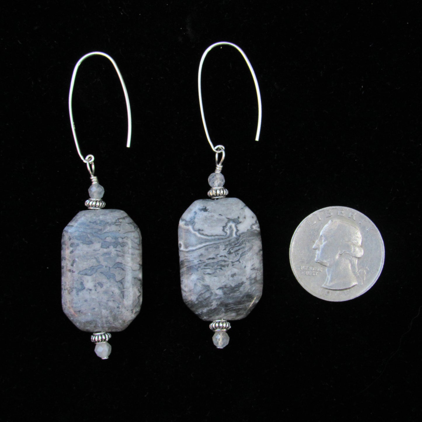 Chinese Lace Agate, Labradorite, Sterling Silver, Drop Earrings