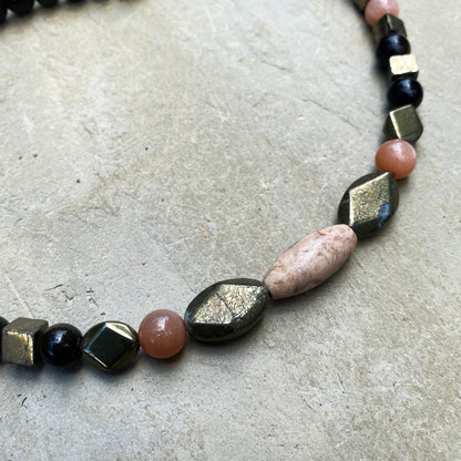 Men’s Coffee agate, sunstone, pyrite, gold obsidian necklace