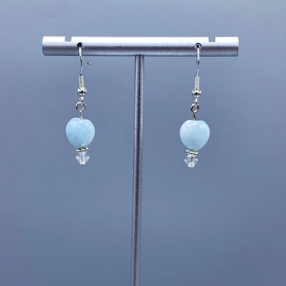 Aquamarine Hearts, Clear Quartz gemstone, and Sterling Silver Drop Earrings