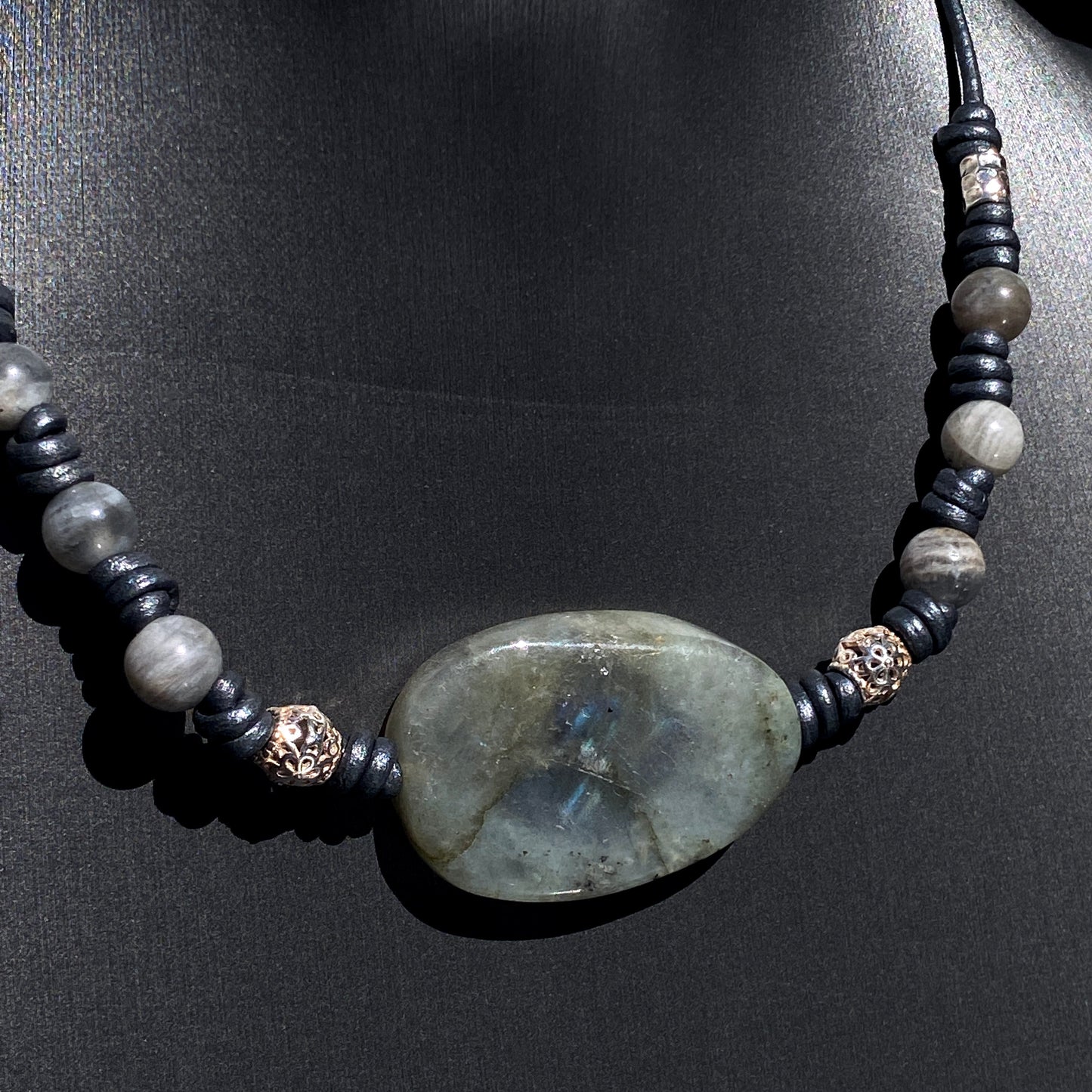 Labradorite gemstone, Sterling Silver, Leather Necklace