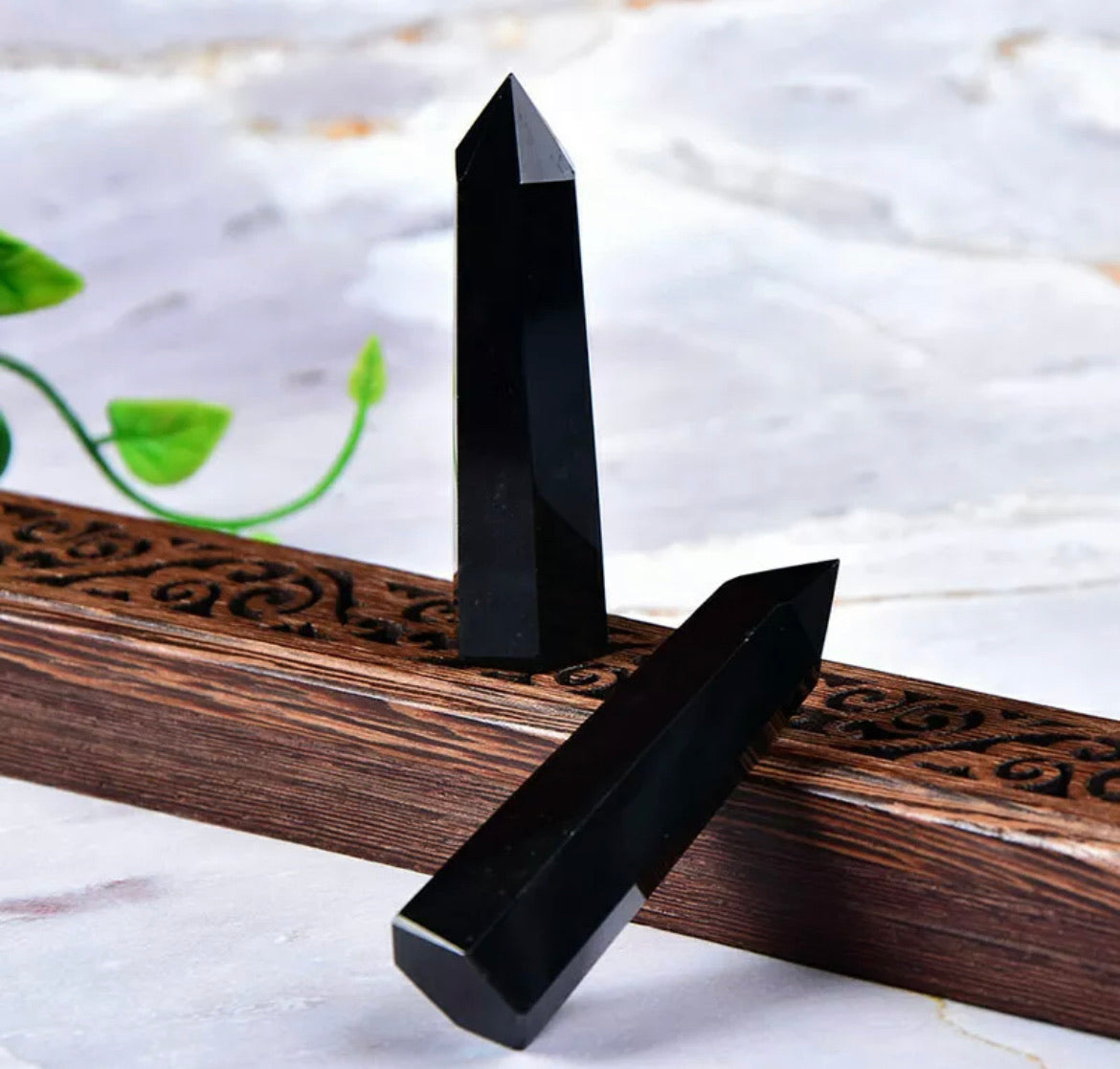 Natural Black Obsidian Quartz Obelisk Healing Crystal Point Wand Reiki