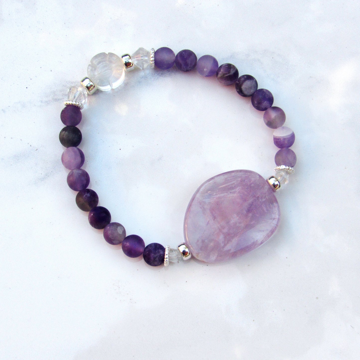 Amethyst Gemstone, Clear Quartz Flower with Accents and Sterling Silver Stretch Bracelet