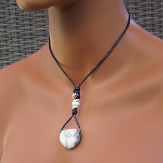 Howlite hand knotted leather with Sterling Silver Skull Necklace
