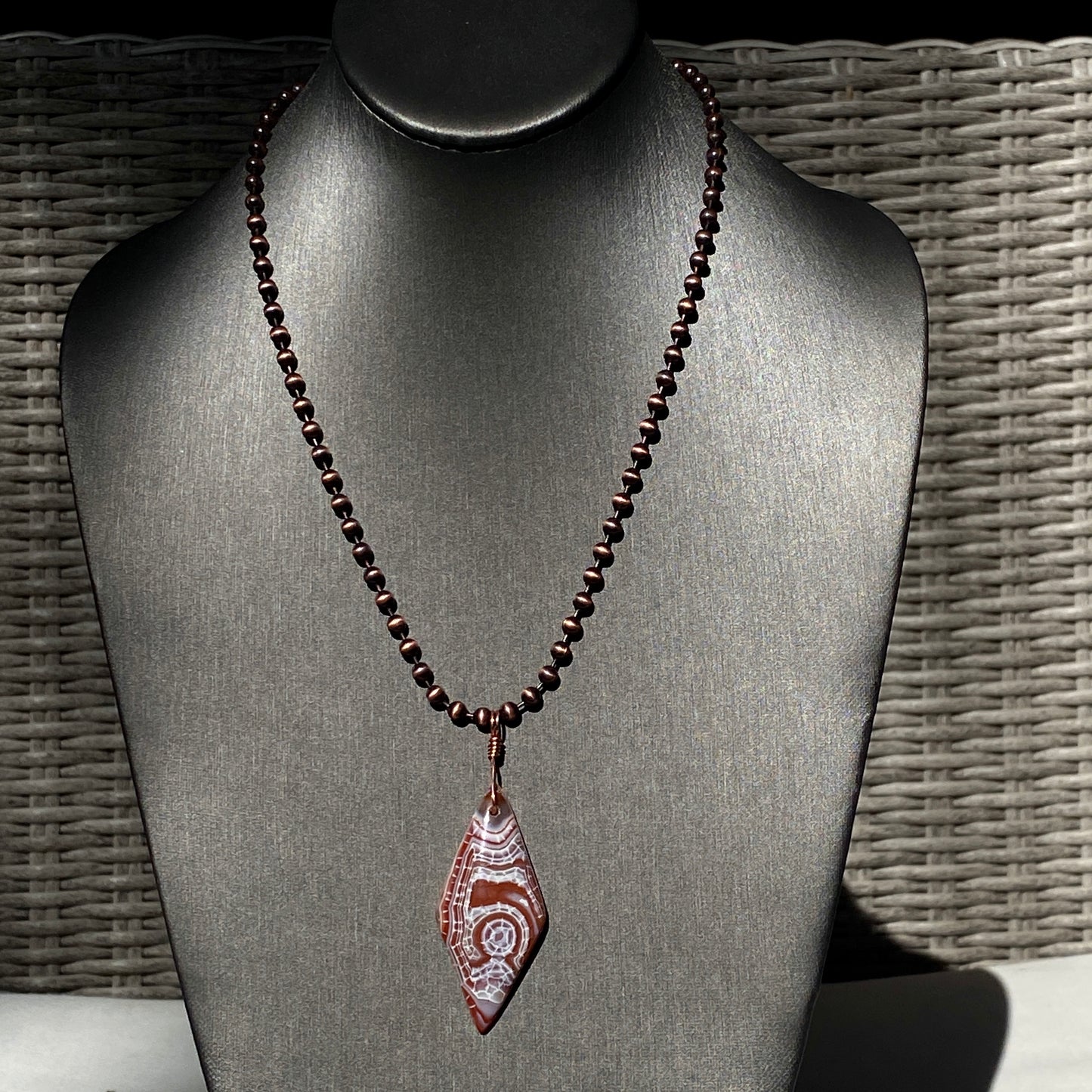 Men’s Dragon’s Vein Agate Rhombus Pendant, Hand Wrapped on Copper Chain