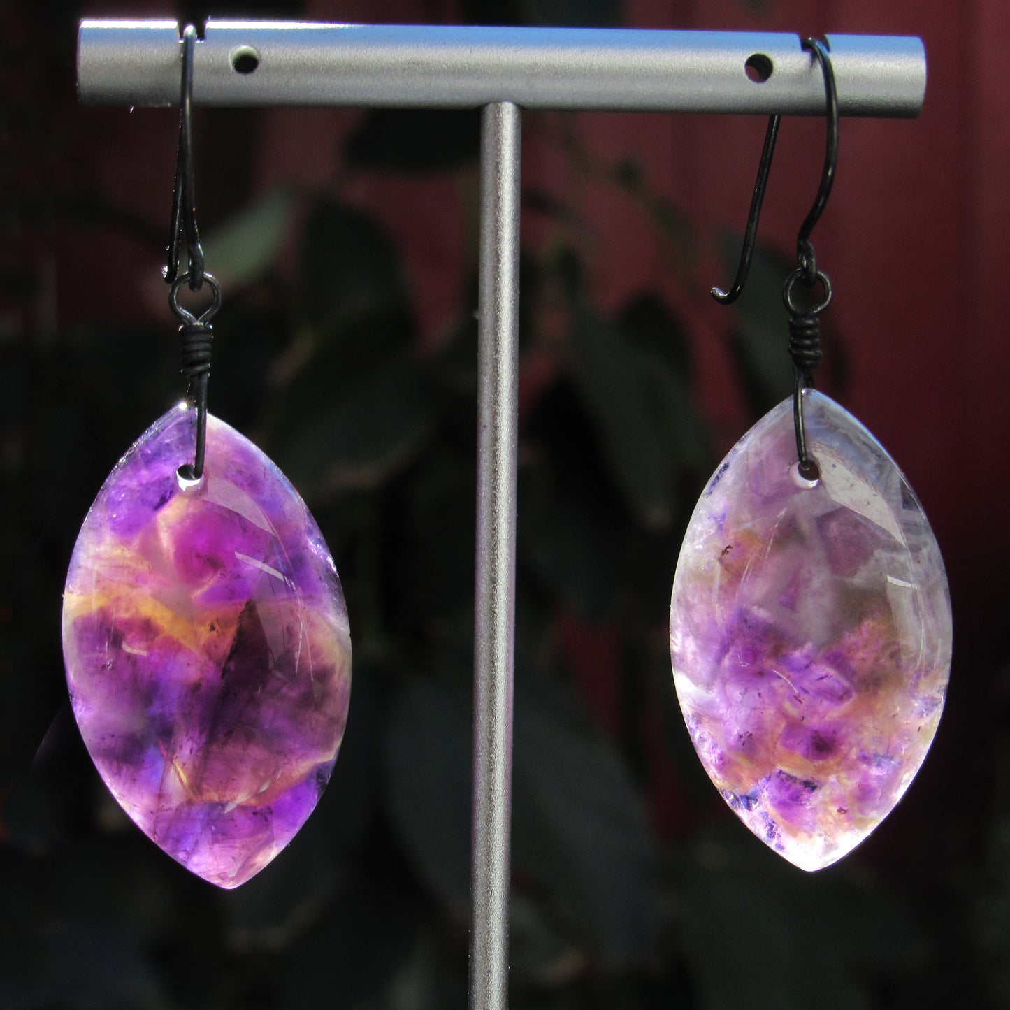 Amethyst Gemstone and Oxidized Sterling Silver Drop Earrings