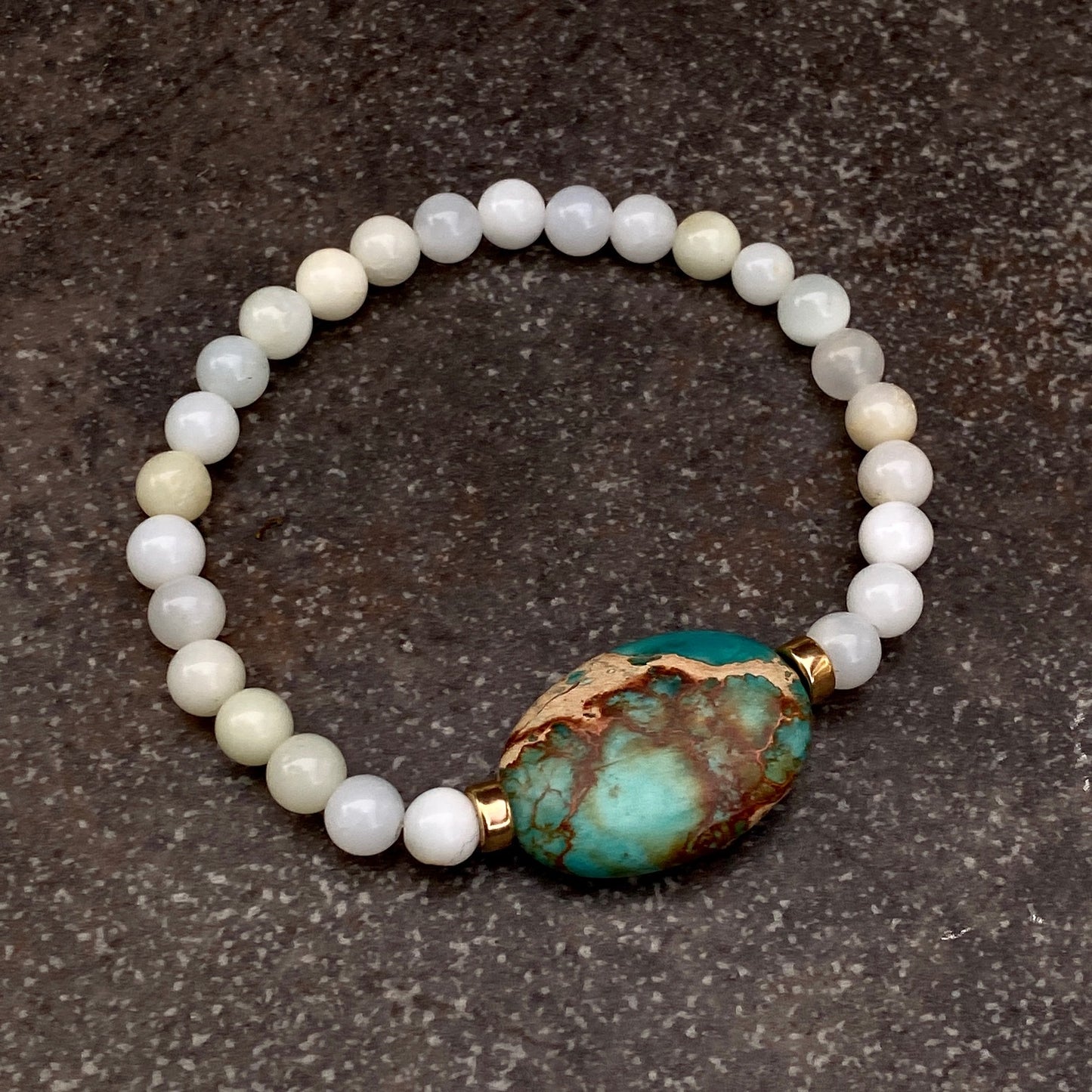 Sea Sediment Jasper gemstone, Amazonite, and 14 kt Gf Stretch Bracelet