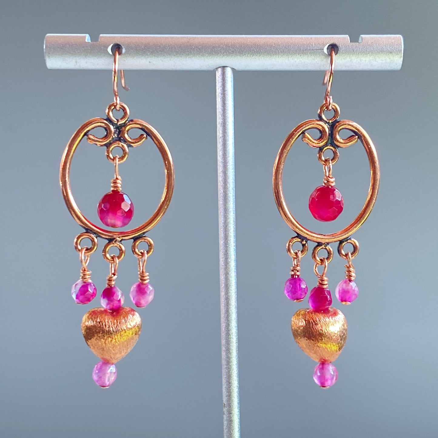 Pink agate and copper heart drop earrings