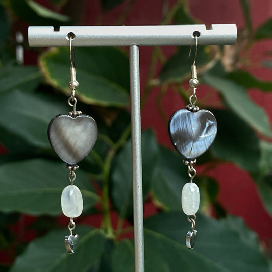 Mother of Pearl, Moonstone, Hematite, and Sterling Silver Drop Earrings