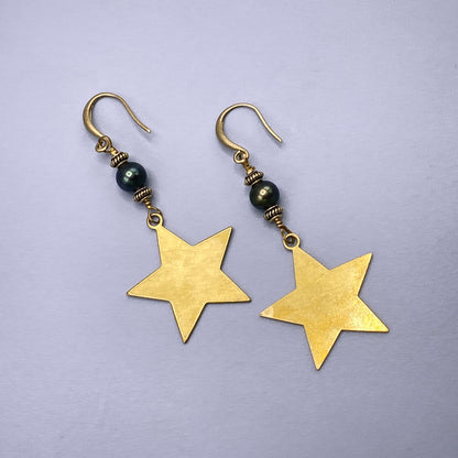 Pearl and Raw Brass Star Earrings