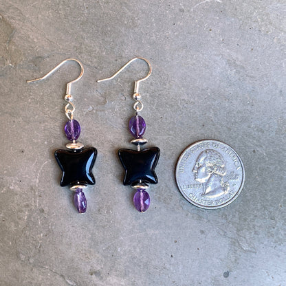 Black Obsidian Butterfly with Amethyst and Sterling Silver Drop Earrings