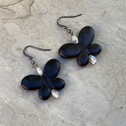 Howlite Butterflies, Blue Flashy Moonstones, Oxidized Sterling Silver Earrings