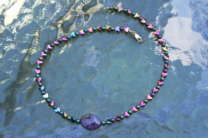 Rainbow Hematite and Amethyst gemstone choker necklace