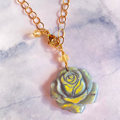 Labradorite gemstone carved Rose pendant on 14 kt Gold Necklace